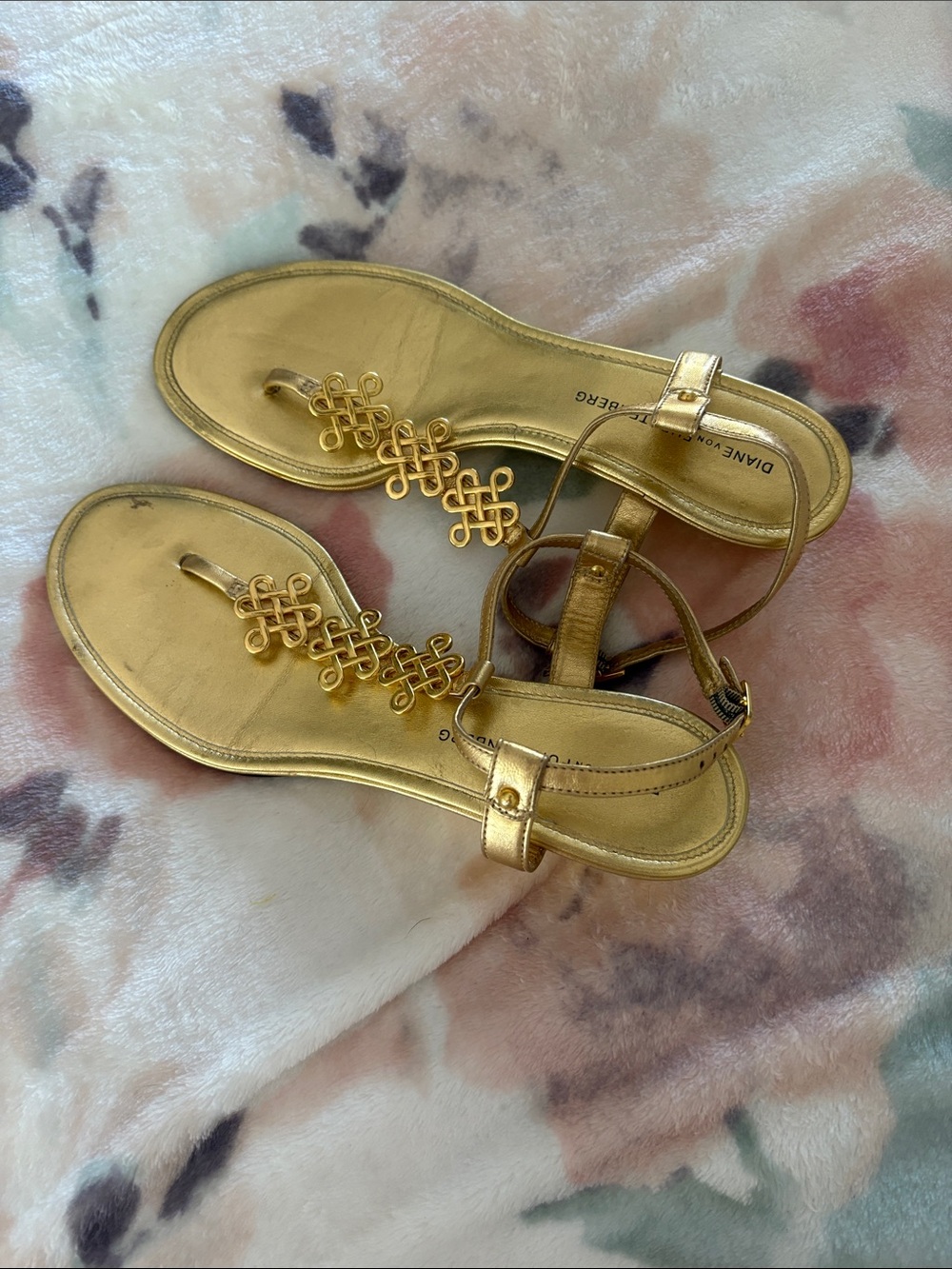 Diane Von Furstenberg Metallic Gold T-Strap Sandals